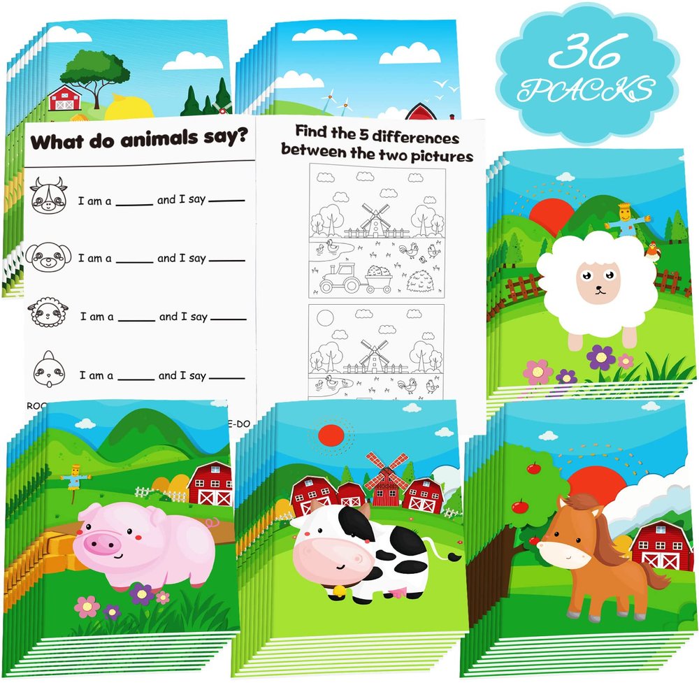 Sinmoe 36 Pcs Farm Animals Mini Activity Books for Kids DIY Game Books Set with Cow Pig Chicken Duck Sheep Pattern Coloring Book Party Favors Goodie Bags Stuffers Classroom Back to School Daycare Gift