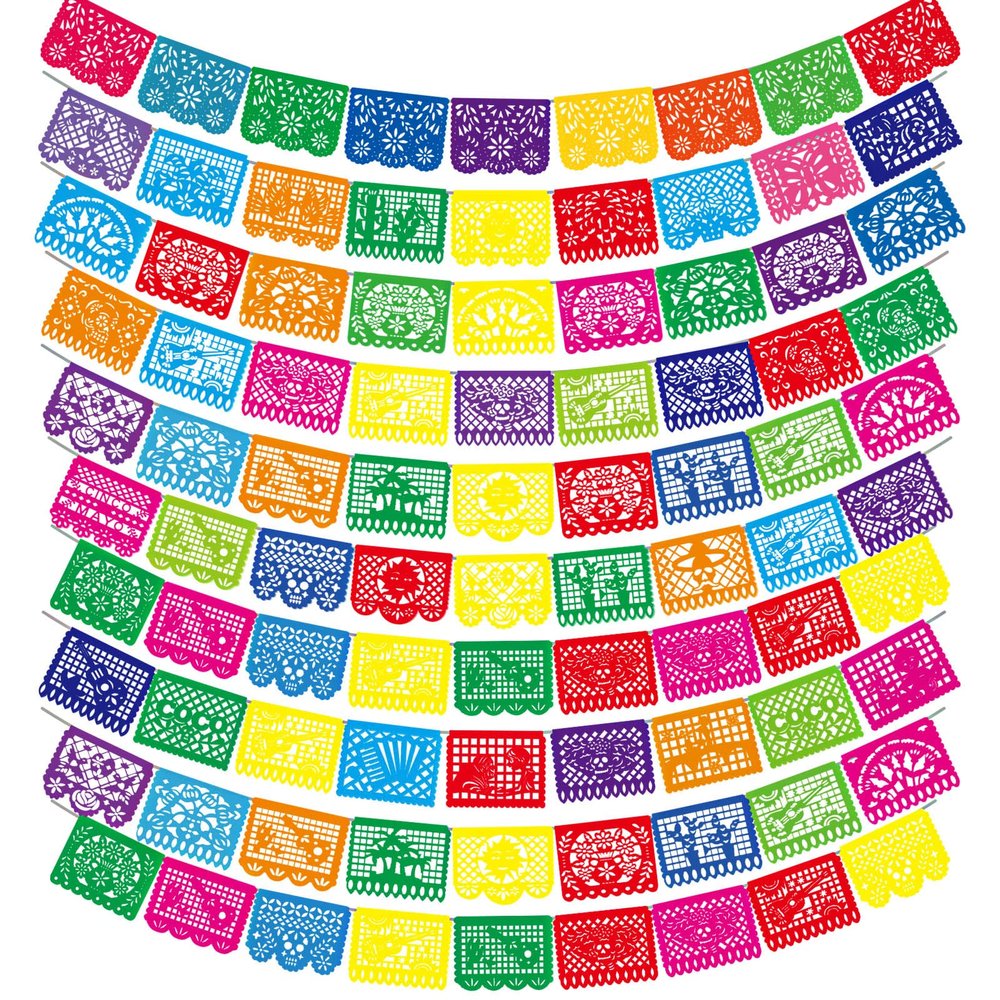 10 Pack Mexican Party Banners Total 170 Feet, Paper Picado Banner Mexican Party Decorations Day of The Dead Fiesta Decorations for Dia De Los Muertos Decor Supplies