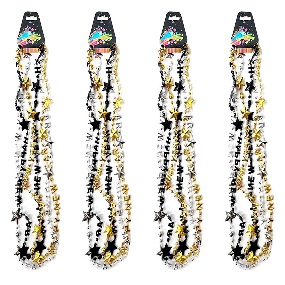 Pack of 24 Happy New Year Eve Assorted Gold Black Silver Color Party Bead Necklaces
