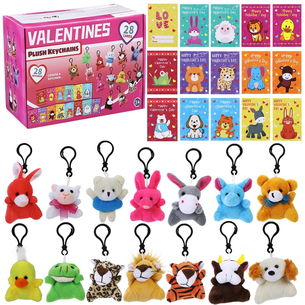 28 Pack Valentines Day Gift Cards for Kids with Mini Animal Plush Toys Keychains,Stuffed Animal for Students Classroom Exchange,Valentines Party Favor Supplies,Game Prizes,Gift for Toddlers Girls Boys