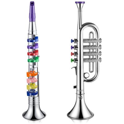 Amylove Set of 2 Toy Trumpet and Clarinet for Kids Toddlers Plastic Instruments Fake Music Toy Portable Early Educational Toys Teaching Songs Musical Gifts(Silver)