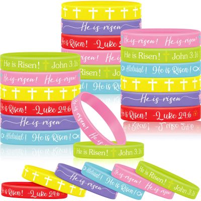 Deekin 36 Pcs He Is Risen Bracelets Bulk Easter Egg Stuffers Basket Filler Religious Silicone Bracelet Bible Rubber Bracelet Cross Catholic Exchange Gifts for Aldults Festival Spring Festival