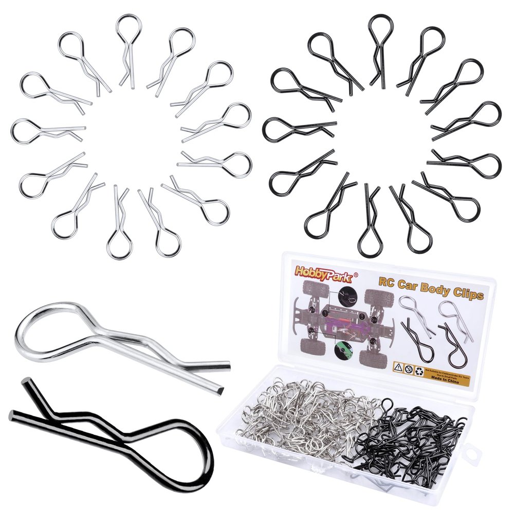 HobbyPark 150 Pieces Universal Bent RC Body Clips Car Clips Silver & Black R Clips for All 1/10 1/12 Scale Redcat HPI Tamiya HSP Exceed RC Car Parts Truck Buggy Shell Replacement