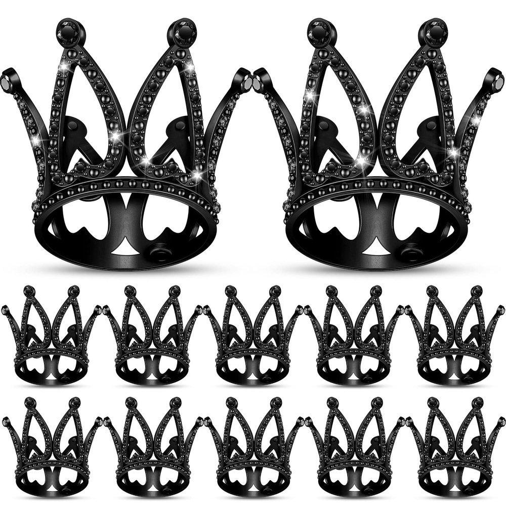 12 Pcs Crown Cake Topper Mini Baby Crown Tiny Queen Small Alloy Crystal Princess Headpiece Cake Decoration for Women Lady Girl Bridal Wedding Royal Themed Baby Shower Birthday Party(Black)