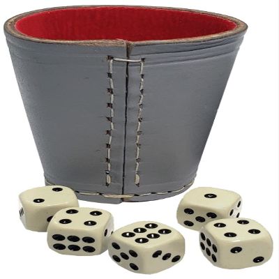 Cyber-Deals Genuine Leather Compact Dice Cup + Dice with Black Velvet Storage Pouch (Grey w/Red Lining, Bone Tone Pip Dice)