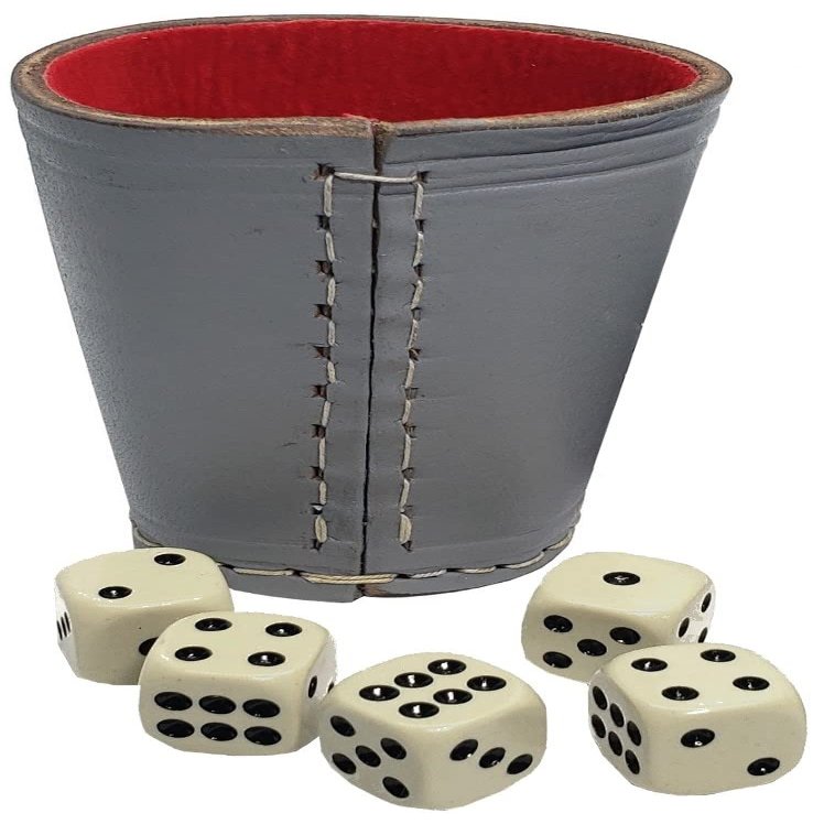 Cyber-Deals Genuine Leather Compact Dice Cup + Dice with Black Velvet Storage Pouch (Grey w/Red Lining, Bone Tone Pip Dice)