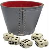 Cyber-Deals Genuine Leather Compact Dice Cup + Dice with Black Velvet Storage Pouch (Grey w/Red Lining, Bone Tone Pip Dice) view 1