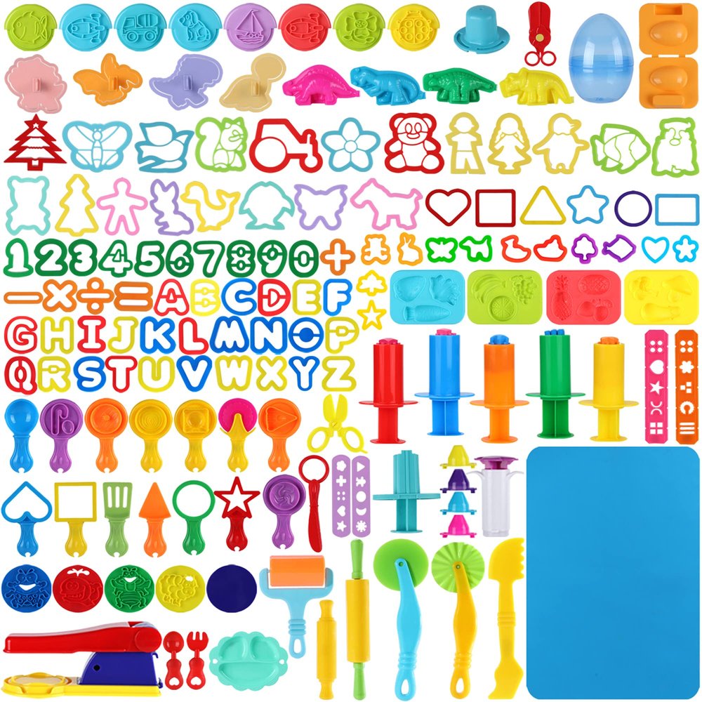 Oun Nana 144 PCS Dough Tools Set for Kids Ages 3-8  Includes Letter & Number Cutters, Animal Cutters, Dinosaur Molds, Extruder, Scissors, Rollers, Dough Mat, Storage Bag