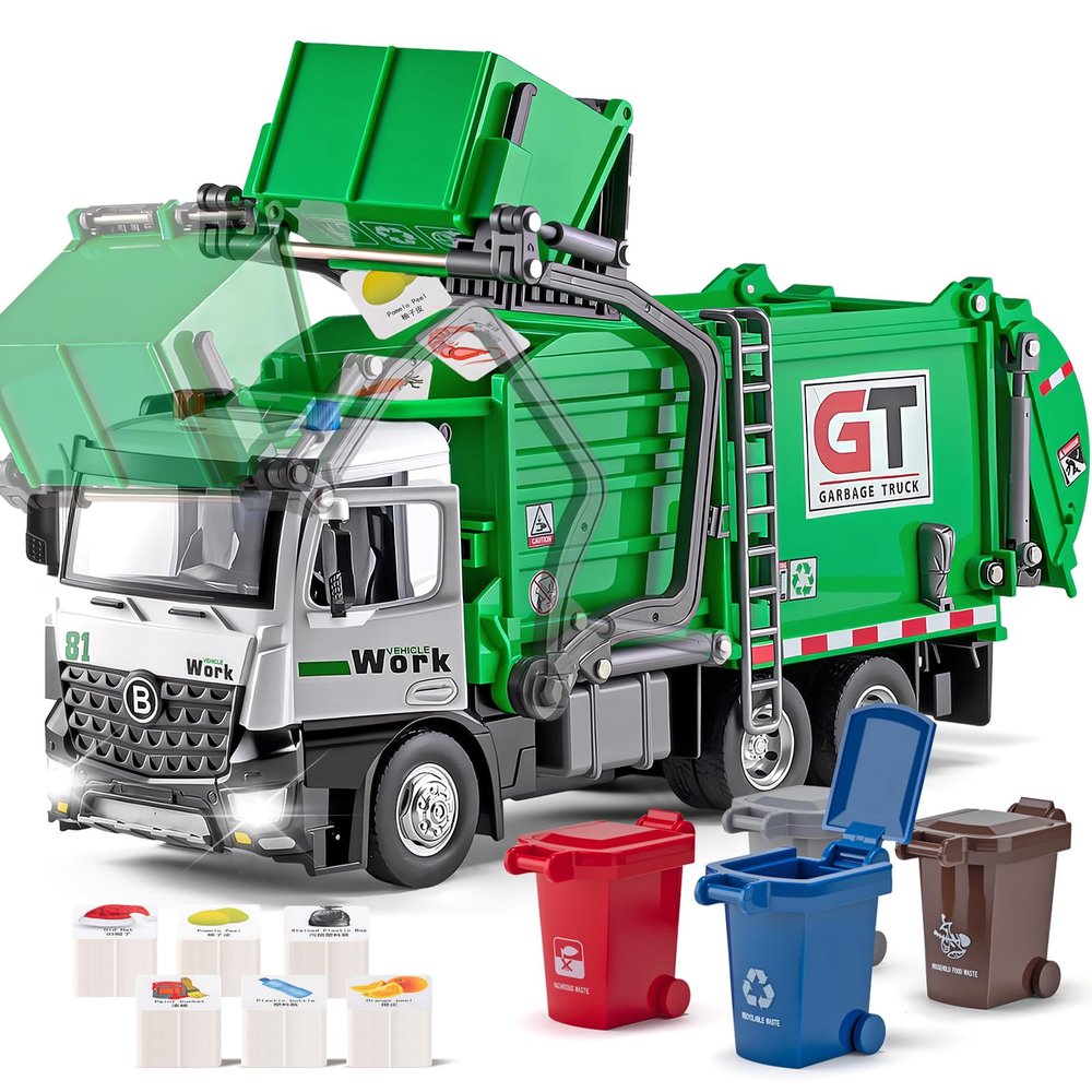 HAPYAD Garbage Truck Toys Metal Cab, Realistic Trash Truck Toys for Boys Kids with Lights and Sounds, Friction Powered Recycling Vehicles, Front Loader with Dumpster, 4 Trash Bins, 12"