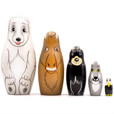 North American Animals Nesting Dolls Set 5 pcs - Wooden Stacking Animals - Matryoshka Dolls Polar Animals Figurines - Alaska Souvenirs