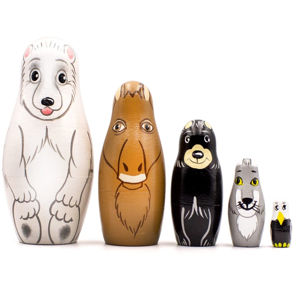 North American Animals Nesting Dolls Set 5 pcs - Wooden Stacking Animals - Matryoshka Dolls Polar Animals Figurines - Alaska Souvenirs