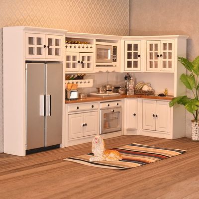 iLAND Dollhouse Kitchen, Modern Dollhouse Furniture Set on 1/12 Scale Wooden White to Store Miniature Food