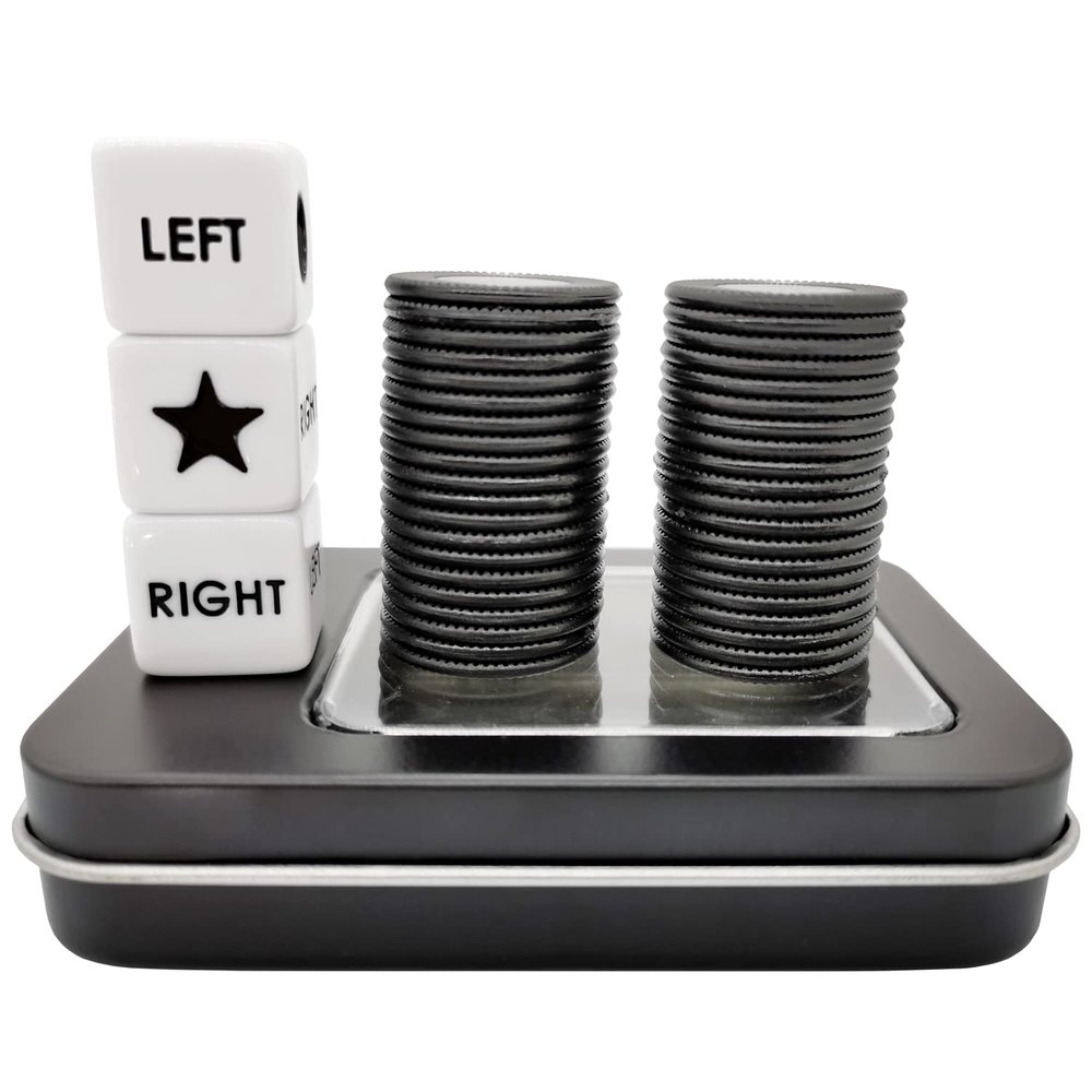 Ahoper Left Right Center Dice Game Prime Set with 3 Dices + 40 Chips.Left on The Product Means Pass 1 chip to The Left, Right on The Product Means Pass 1 chip to The Right. (Black)