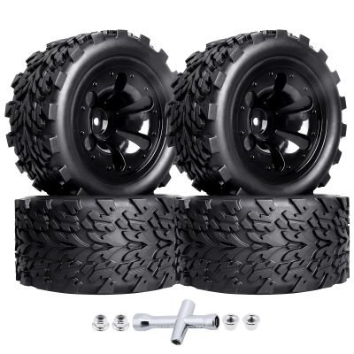 Hobbypark PreGlued 12mm Hex Wheels and Tires for 1/10 Scale RC Monster Truck Foam Inserts Compatible with Traxxas Rustler VXL Stampede 2WD Hoss 4x4, Set of 4