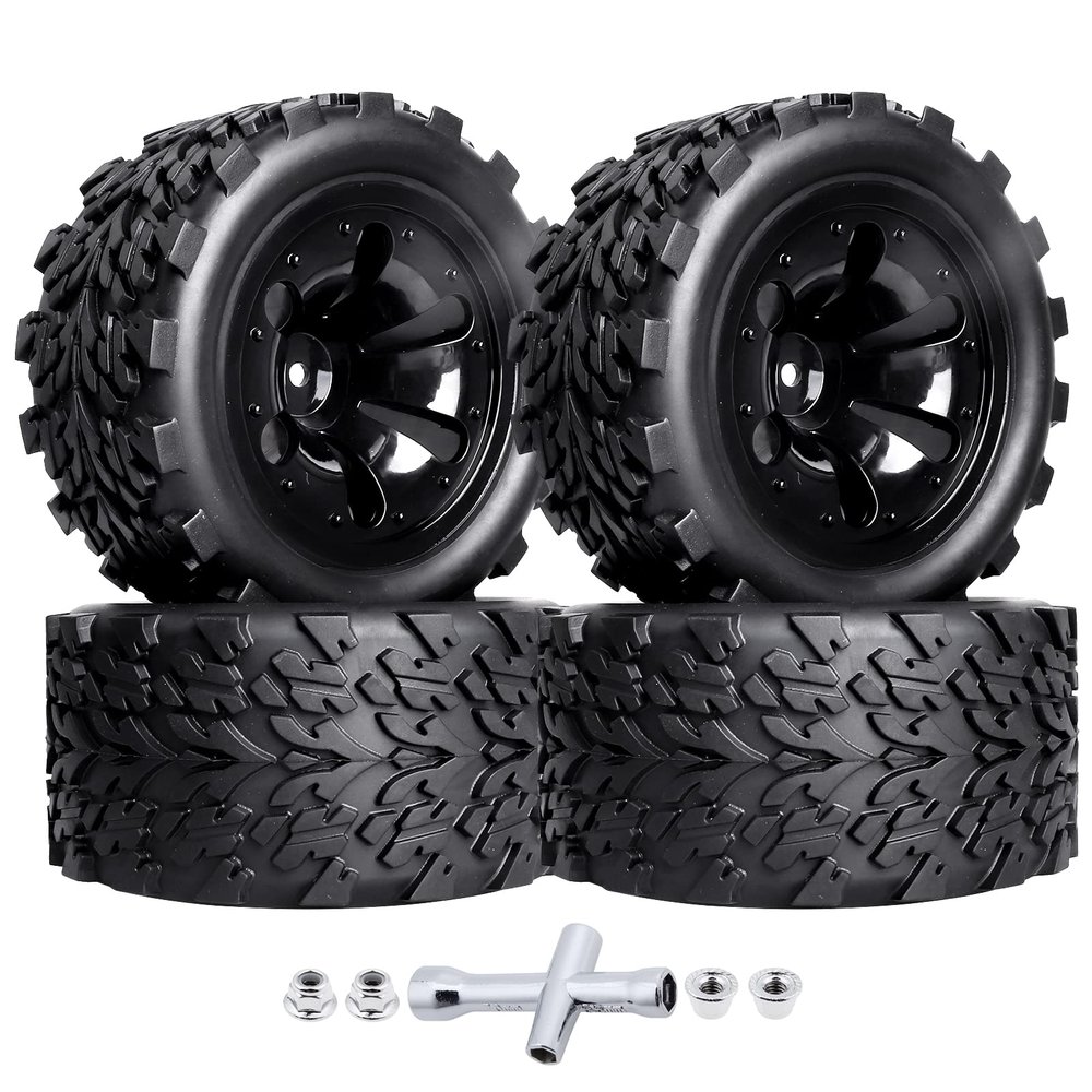 Hobbypark PreGlued 12mm Hex Wheels and Tires for 1/10 Scale RC Monster Truck Foam Inserts Compatible with Traxxas Rustler VXL Stampede 2WD Hoss 4x4, Set of 4