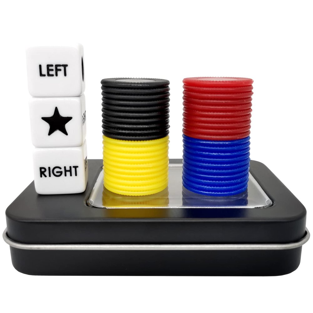 Ahoper Left Right Center Dice Game Prime Set with 3 Dices + 40 Chips."LEFT" on the product means pass 1 chip to the left, "RIGHT" on the product means pass 1 chip to the right.(4 Mixed Colors)