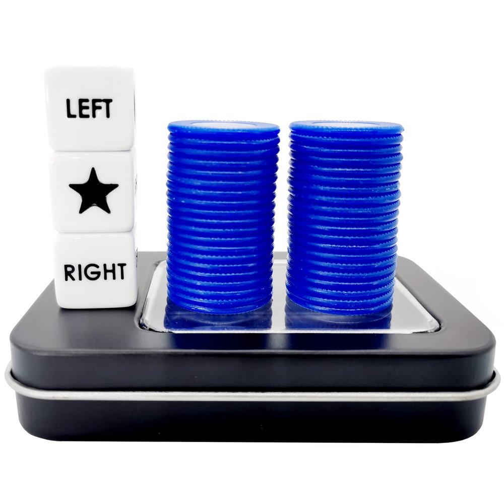 Ahoper Left Right Center Dice Game Prime Set with 3 Dices + 40 Chips. Left on The Product Means Pass 1 chip to The Left, Right on The Product Means Pass 1 chip to The Right.(Blue)