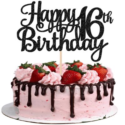1 PCS Happy 16th Birthday Cake Topper Glitter Cheers to 16 Years Birthday Cake Pick Sweet 16 Fabulous Cake Decoration for Happy 16th Birthday Theme Party Decorations Supplies Black