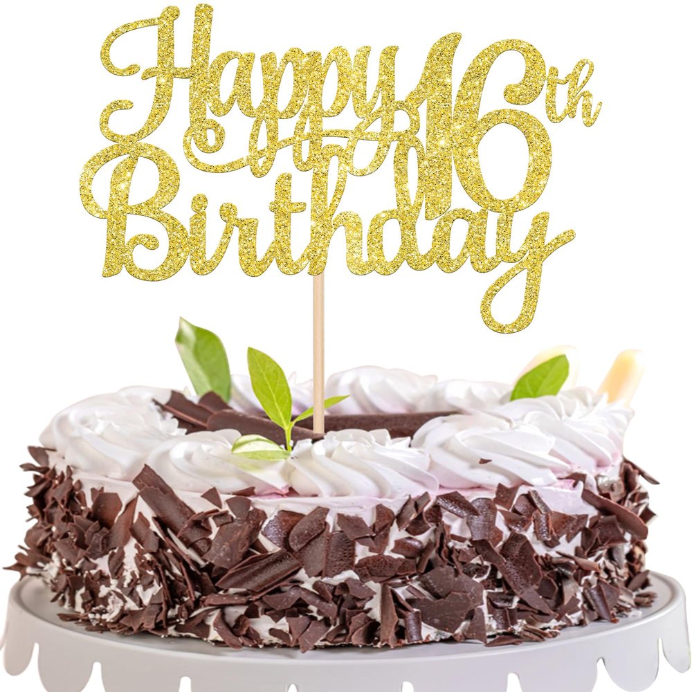 1 PCS Happy 16th Birthday Cake Topper Gold Glitter Cheers to 16 Years Birthday Cake Pick Sweet 16 Fabulous Cake Decoration for Happy 16th Birthday Theme Party Decorations Supplies