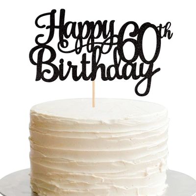 1 PCS Happy 60th Birthday Cake Topper Glitter Cheers to 60 Years Birthday Cake Pick 60 Fabulous Cake Decoration for Happy 60th Birthday Anniversary Party Decorations Supplies Black