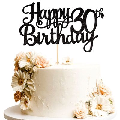 1 PCS Happy 30th Birthday Cake Topper Glitter Cheers to 30 Years Birthday Cake Pick 30 Fabulous Cake Decoration for Happy 30th Birthday Anniversary Party Decorations Supplies Black