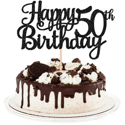 1 PCS Happy 50th Birthday Cake Topper Glitter Cheers to 50 Years Birthday Cake Pick 50 Fabulous Cake Decoration for Happy 50th Birthday Anniversary Party Decorations Supplies Black