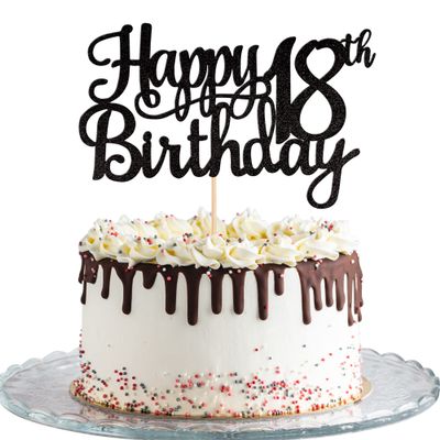 1 PCS Happy 18th Birthday Cake Topper Glitter Cheers to 18 Years Birthday Cake Pick 18 Fabulous Cake Decoration for Happy 18th Birthday Theme Party Decorations Supplies Black
