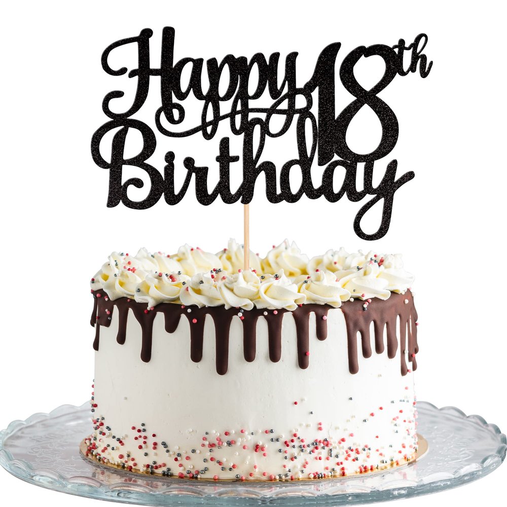 1 PCS Happy 18th Birthday Cake Topper Glitter Cheers to 18 Years Birthday Cake Pick 18 Fabulous Cake Decoration for Happy 18th Birthday Theme Party Decorations Supplies Black