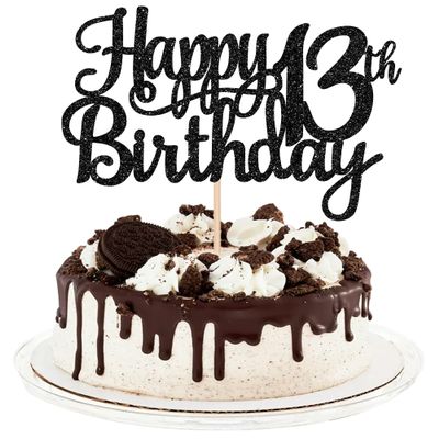 1 PCS Happy 13th Birthday Cake Topper Glitter Cheers to 13 Years Birthday Cake Pick Official Teenager 13 Fabulous Cake Decoration for Happy 13th Birthday Theme Party Decorations Supplies Black