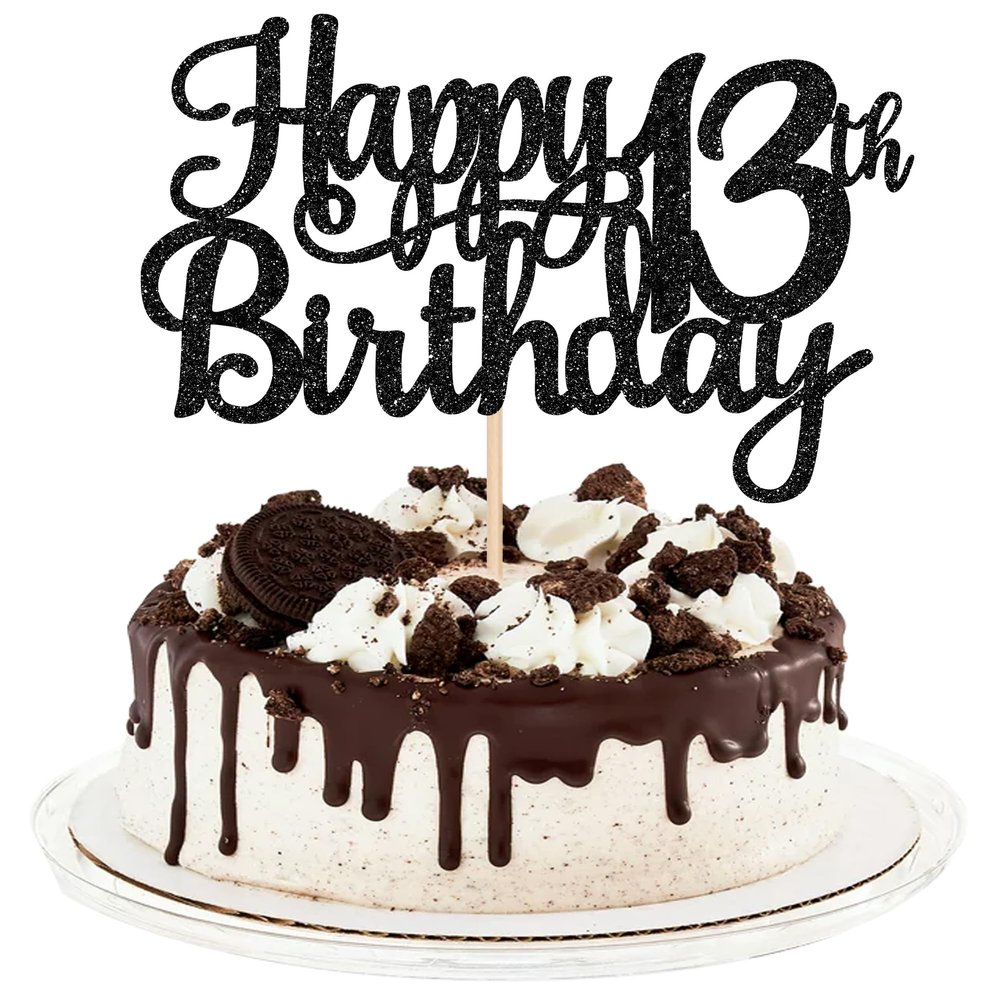 1 PCS Happy 13th Birthday Cake Topper Glitter Cheers to 13 Years Birthday Cake Pick Official Teenager 13 Fabulous Cake Decoration for Happy 13th Birthday Theme Party Decorations Supplies Black