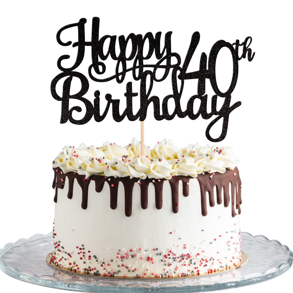 1 PCS Happy 40th Birthday Cake Topper Glitter Cheers to 40 Years Birthday Cake Pick 40 Fabulous Cake Decoration for Happy 40th Birthday Anniversary Party Decorations Supplies Black