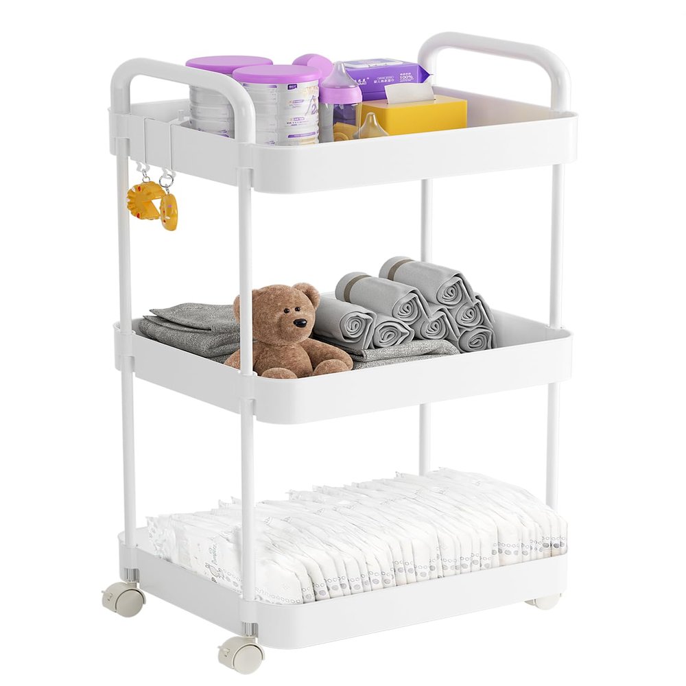 Volnamal Diaper Caddy Organizer, 3-Tier Movable Diaper Cart with Wheels, Newborn Essentials Must Haves, Diaper Caddy for Wipes & Diapers, Baby Registry Search - Plastic White