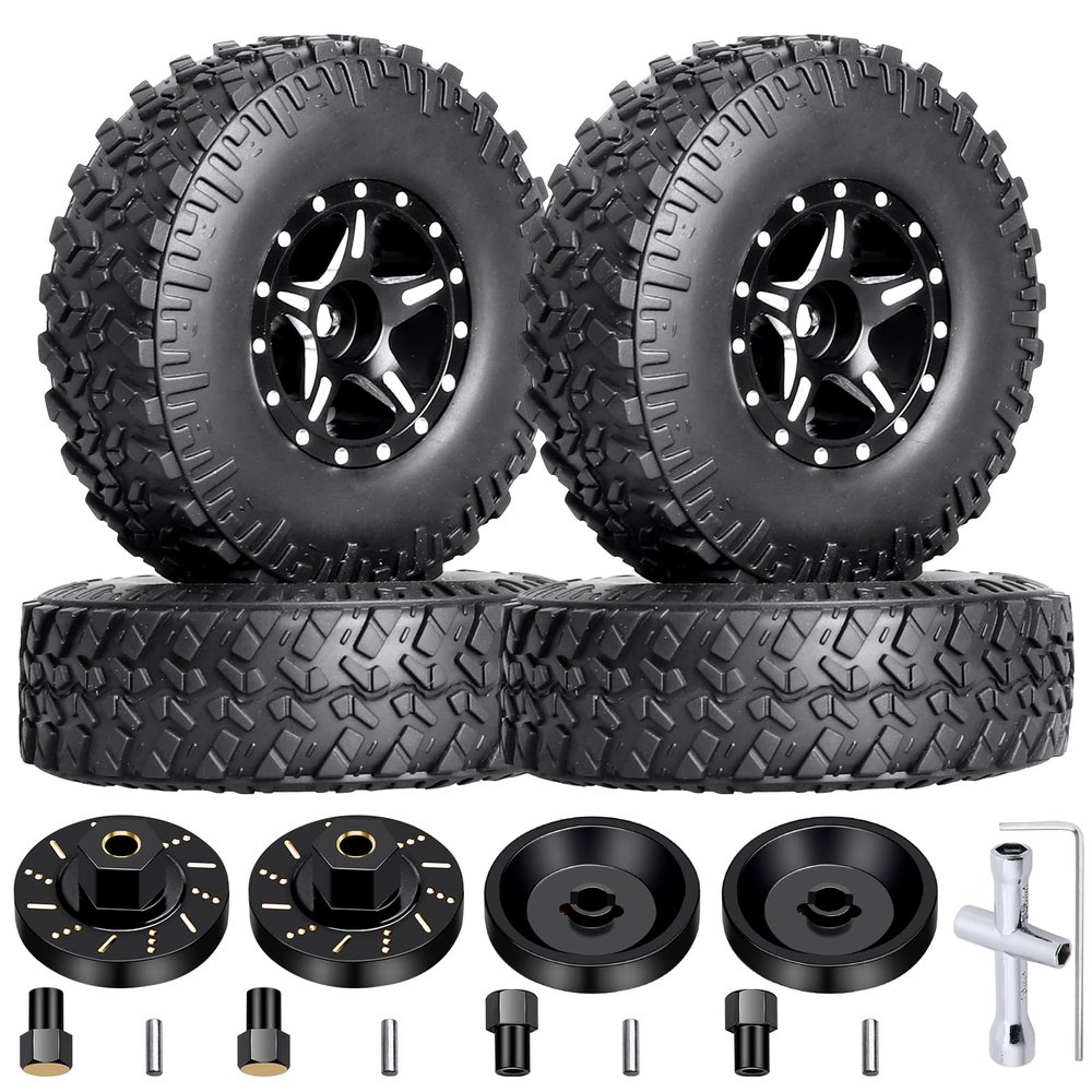 Hobbypark 4pcs 1.0 Beadlock Wheels and Tires Metal Micro Crawler Tires with Brass Wheel Weights Extended Wheel Hubs for 1/24 RC Crawler Car Axial SCX24 Gladiator Bronco C10 Deadbolt Upgrades (Type A)