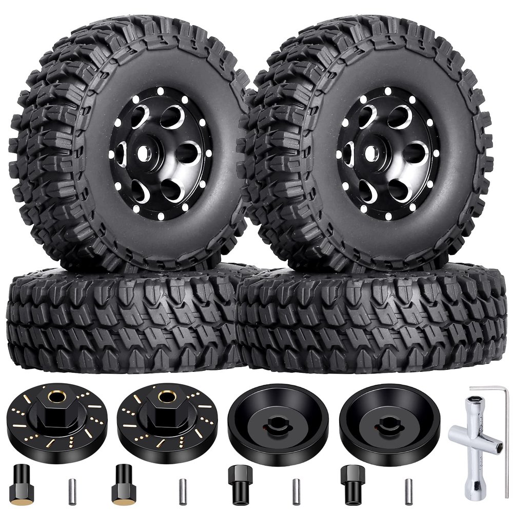 HobbyPark 4pcs 1.0 Beadlock Wheels and Tires Metal Micro Crawler Tires with Brass Wheel Weights Extended Wheel Hubs for 1/24 RC Crawler Car Axial SCX24 Gladiator Bronco C10 Deadbolt Upgrades (Type C)