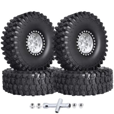 HobbyPark 120mm / 4.72inch 1.9 Crawler Tires and 1.9 Beadlock Wheels Set Foam Inserts for Axial SCX10 II III Traxxas TRX-4 Redcat Gen8 Gen7 Upgrades Replacement Parts (4-Pack) (Silver&Black)