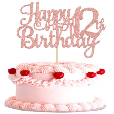 1 PCS Happy 12th Birthday Cake Topper Glitter Cheers to 12 Years Birthday Cake Pick 12 Fabulous Cake Decoration for Happy 13th Birthday Theme Party Decorations Supplies Rose Gold