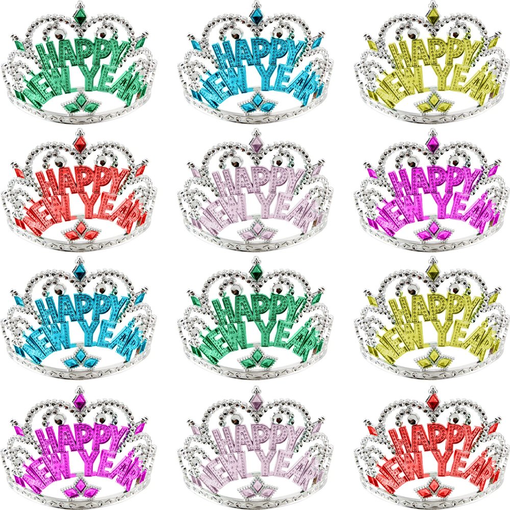 Rcanedny 12 Pieces Happy New Year Headband Crown New Years Eve Hats Tiara for Girls Princess New Year Party Favor Headwear