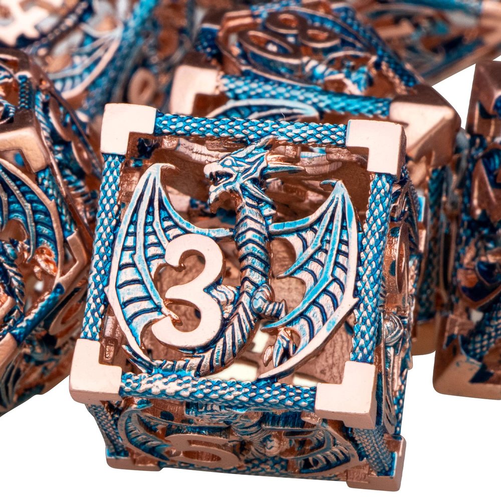 ARUOHHA Hollow DND Metal Dice Set Blue Dragons D and D Dice, RPG Role Playing Games Dungeons Polyhedral Dice with Gift Box D20 D12 D10 D8 D6 D4