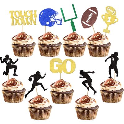30 Pack American Football Cupcake Toppers Football Touchdown Cupcake Picks Soccer Player Cupcake Decorations for Super Rugby Sports Theme Men Boys Birthday Party Supplies