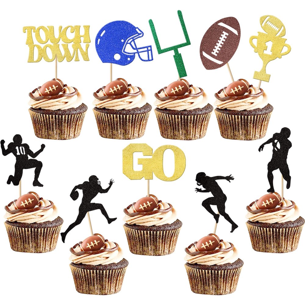 30 Pack American Football Cupcake Toppers Football Touchdown Cupcake Picks Soccer Player Cupcake Decorations for Super Rugby Sports Theme Men Boys Birthday Party Supplies