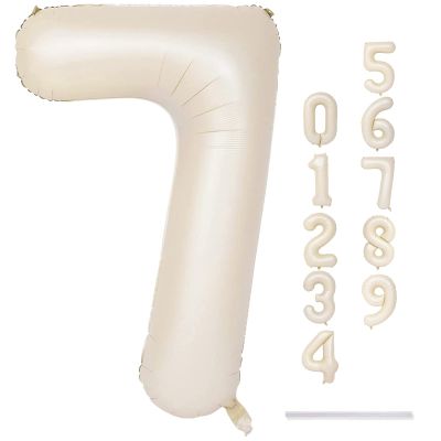 40'' Beige Number 7 Balloons, Giant Self Inflating Cream Foil Number Balloons Set 0-9, Large White Sand Digital 7 Helium Balloon for Girls Boys 7th Birthday Party Decorations Anniversary Supplies