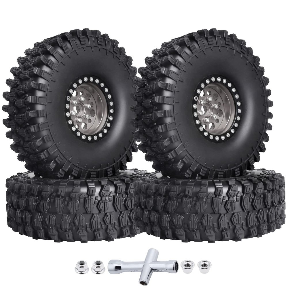 HobbyPark 120mm / 4.72inch 1.9 Crawler Tires and 1.9 Beadlock Wheels Set Foam Inserts for Axial SCX10 II III Traxxas TRX-4 Redcat Gen8 Gen7 Upgrades Replacement Parts (4-Pack) (Gray&Black)