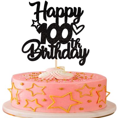 1 Pack Happy 100th Birthday Cake Topper - Glitter Heart Star 100 Fabulous Cake Pick Sign Decorations for Theme Party Supplies - Black