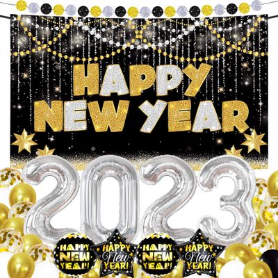 New Years Eve Party Supplies 2023 Set - Pack of 42 | Happy New Year Banner 2023 for New Years Decorations | 40 Inch, Silver 2023 Balloons and Happy New Years Balloons | Happy New Year Decorations 2023
