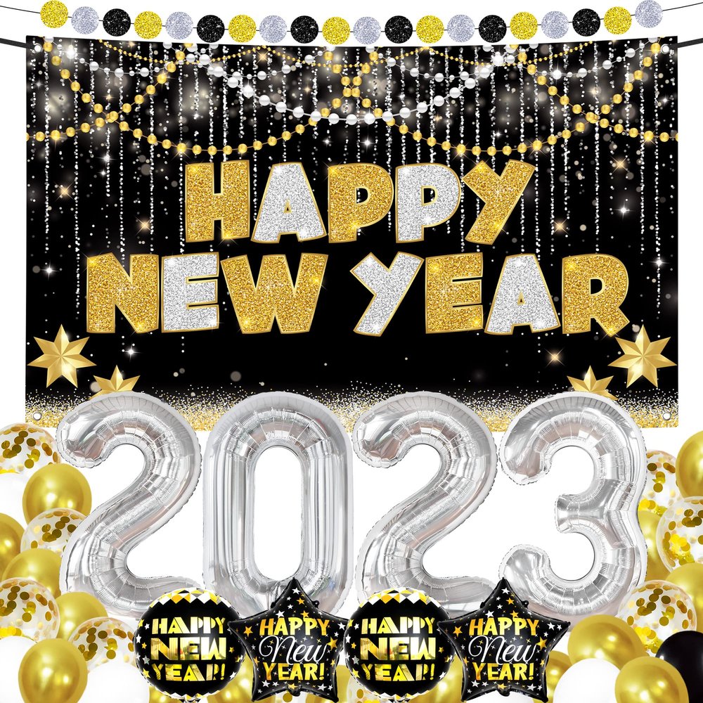 New Years Eve Party Supplies 2023 Set - Pack of 42 | Happy New Year Banner 2023 for New Years Decorations | 40 Inch, Silver 2023 Balloons and Happy New Years Balloons | Happy New Year Decorations 2023