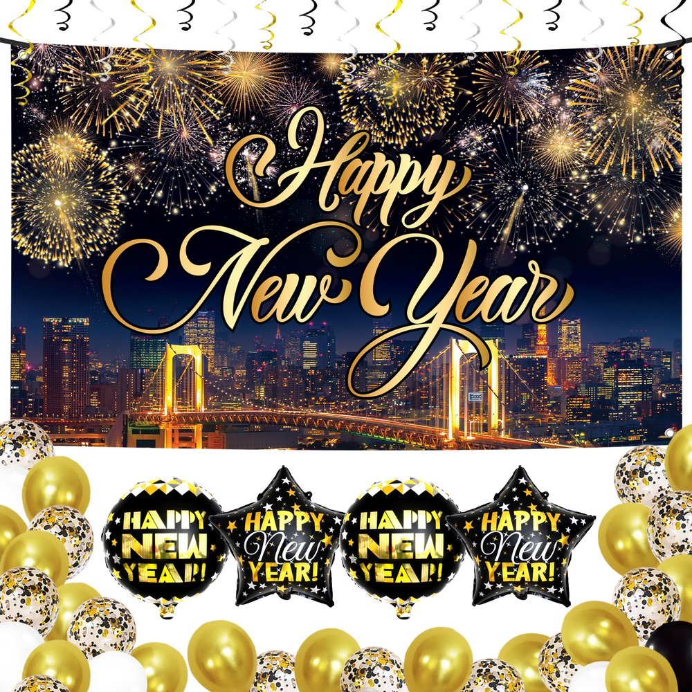 Huge, New Years Eve Party Supplies Set - Pack of 50 | Happy New Year Banner for Happy New Year Decorations | Hanging Swirls and 40 Inch Black Balloons