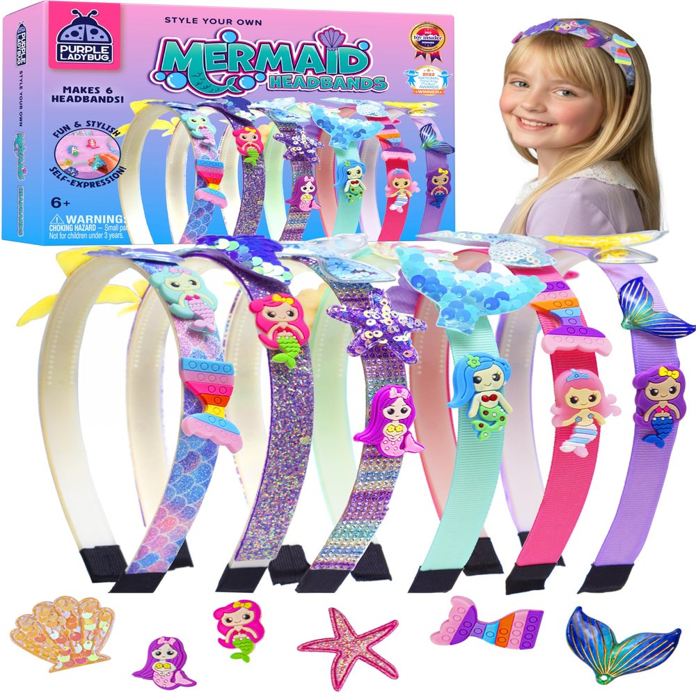 PURPLE LADYBUG Mermaid Headband Kit - Mermaid Gifts for Girls 4-6, Girl Toys and Crafts for Girl Ages 6-8, Birthday Gift, Hair Accessories, Valentines Gifts & Easter Basket Stuffers for Girls