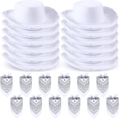 24 Pieces Cowboy Hats and Bandanas for Kids Western Cowboy Costume Hat Accessories for Toddler Child Western Theme Birthday Party Supplies Halloween Costume Dress(White)