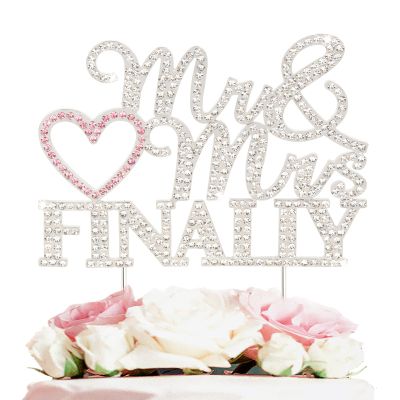 LASKYER Finally Mr & Mrs Silver & Pink Wedding Rhinestone Cake Topper - Perfect for Bridal Shower Engagement Wedding Party Metal Sparkly Cake Centerpieces Topper Decorations Keepsake.