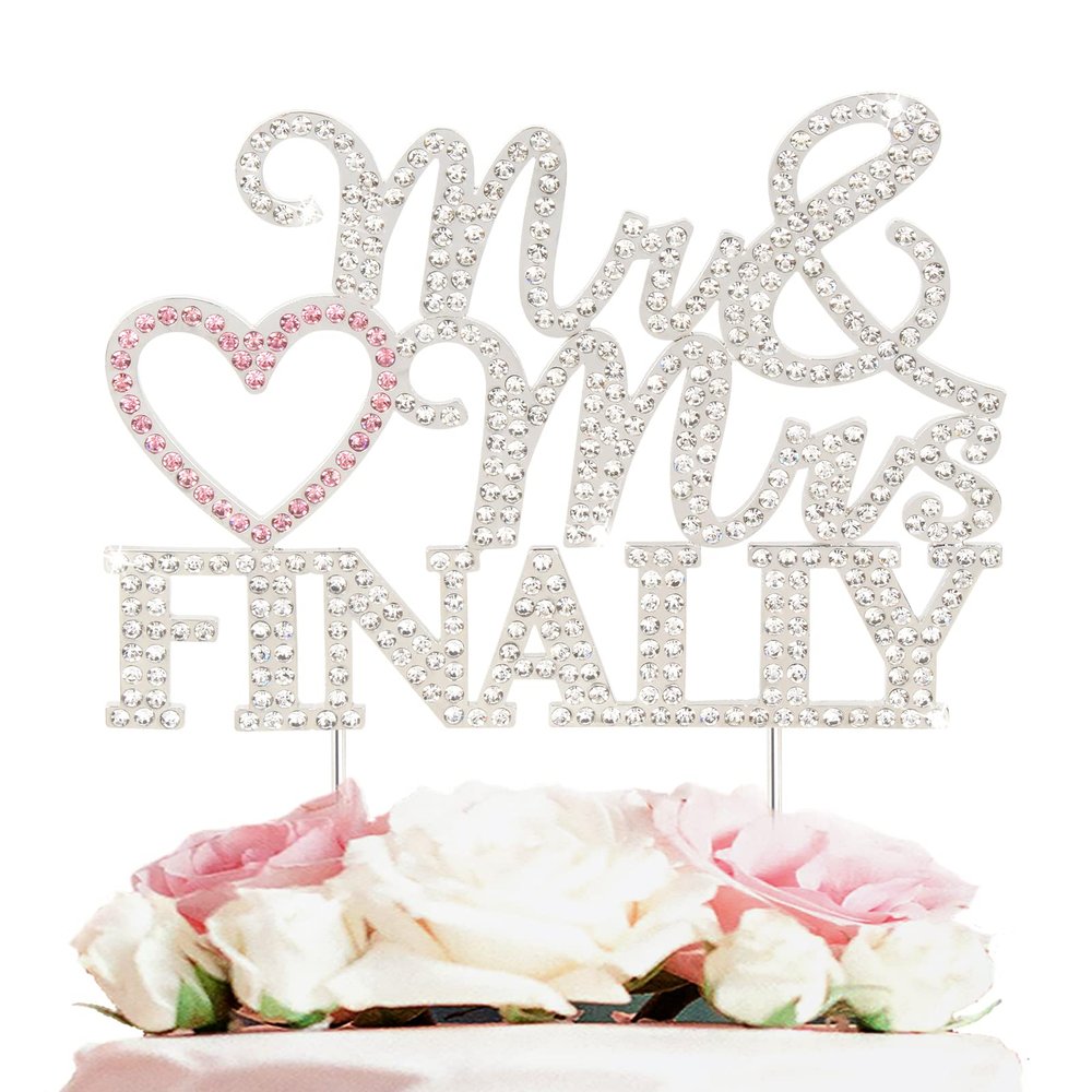 LASKYER Finally Mr & Mrs Silver & Pink Wedding Rhinestone Cake Topper - Perfect for Bridal Shower Engagement Wedding Party Metal Sparkly Cake Centerpieces Topper Decorations Keepsake.
